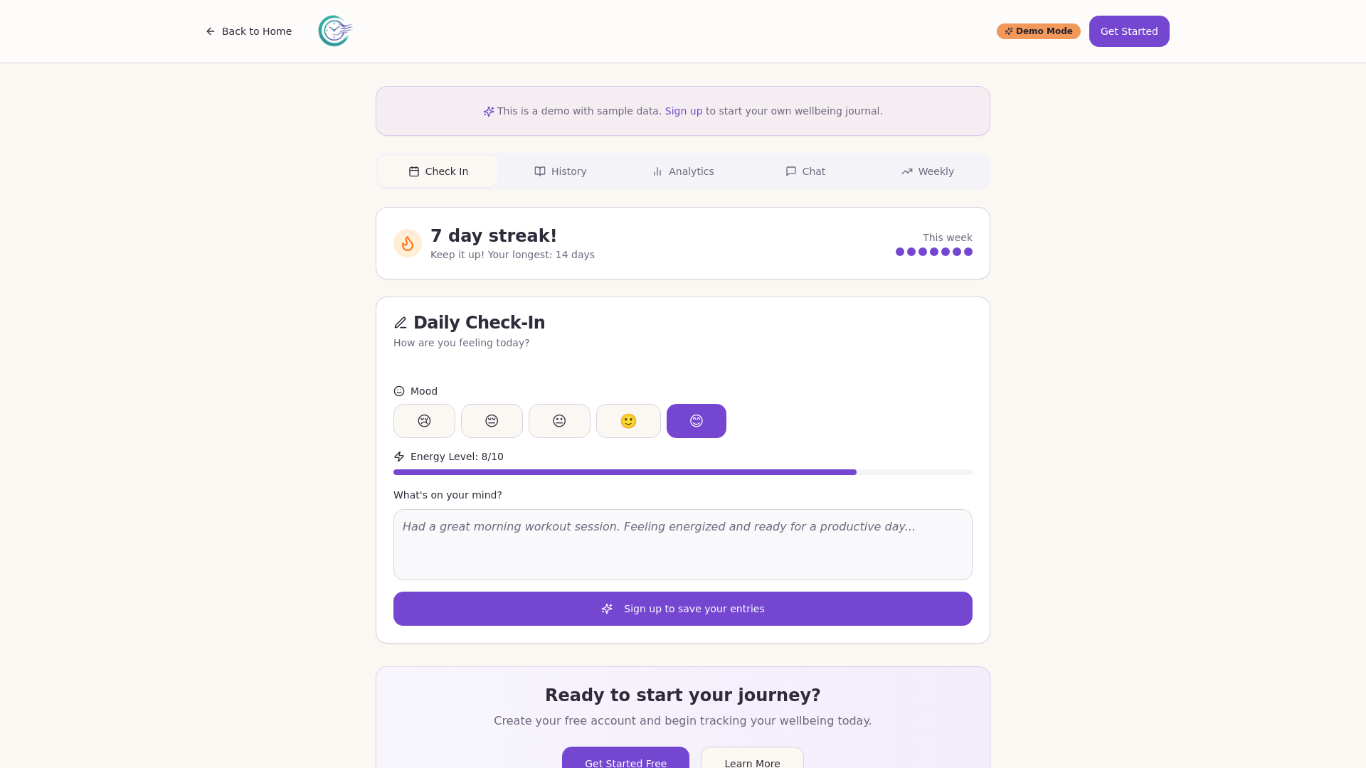 MyTimeOnline app demo showing daily check-in with mood tracking, streak display, and AI-powered insights